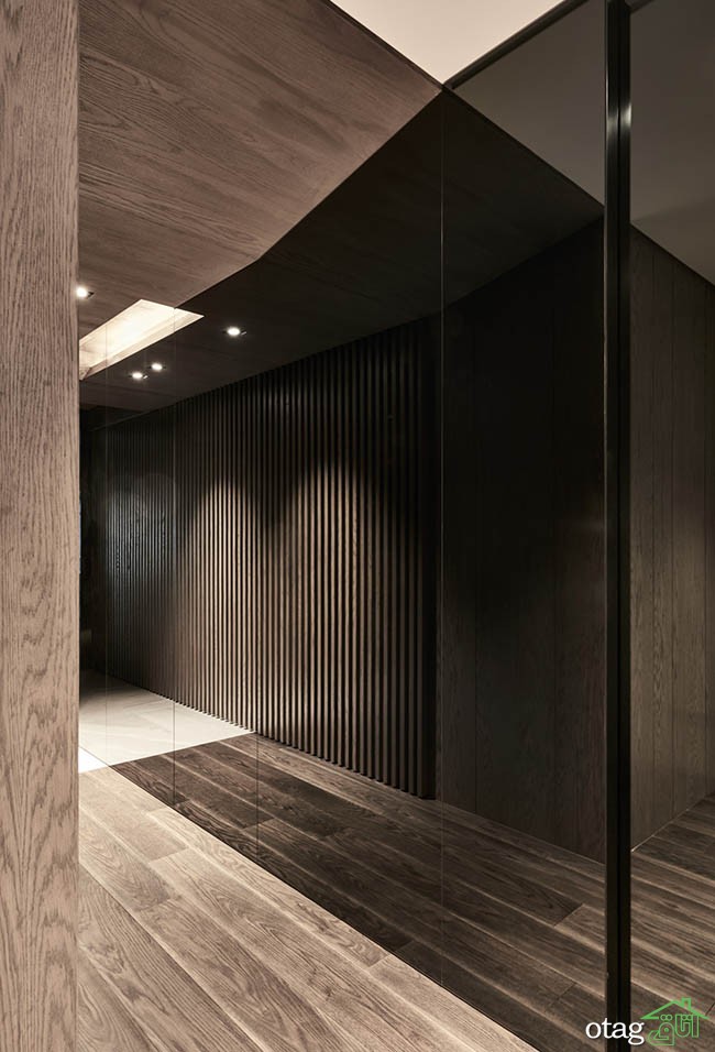 دکوراسیون داخلی آپارتمان با تم تاریک و متریال چوبی و سنگی