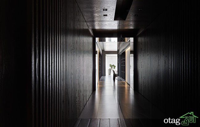 دکوراسیون داخلی آپارتمان با تم تاریک و متریال چوبی و سنگی