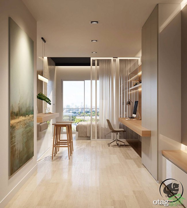 طراحی داخلی آپارتمان شیک تک خوابه همراه با پلان کف سازی
