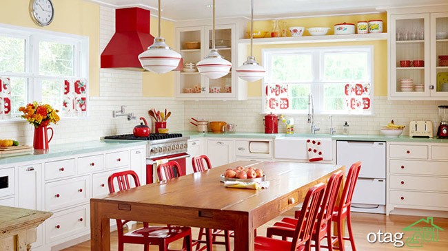 تزیین دکوراسیون آشپزخانه کوچک با رنگ هایی بسیار شاد و جذاب