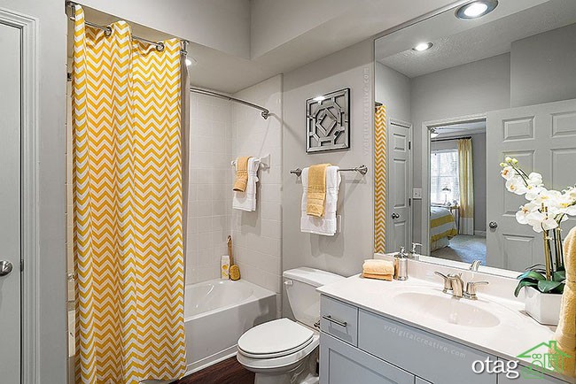 دکوراسیون زرد و خاکستری در حمام و سرویس بهداشتی بروز و جدید