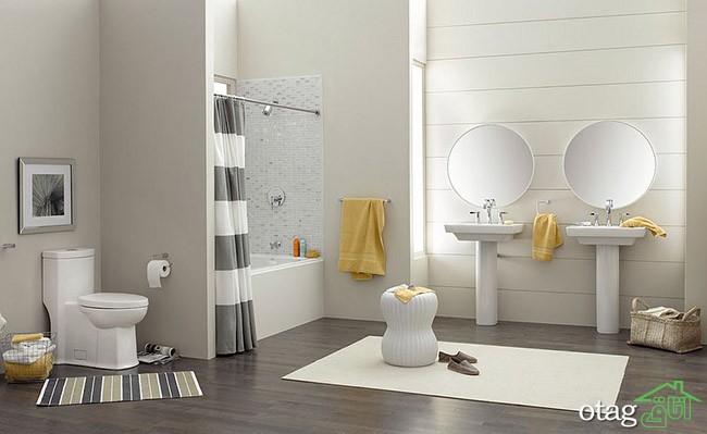دکوراسیون زرد و خاکستری در حمام و سرویس بهداشتی بروز و جدید