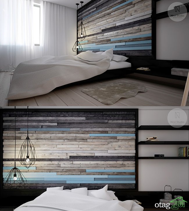 طراحی و تزیین دیوار اتاق خواب با چوب، رنگ و کاغذ دیواری