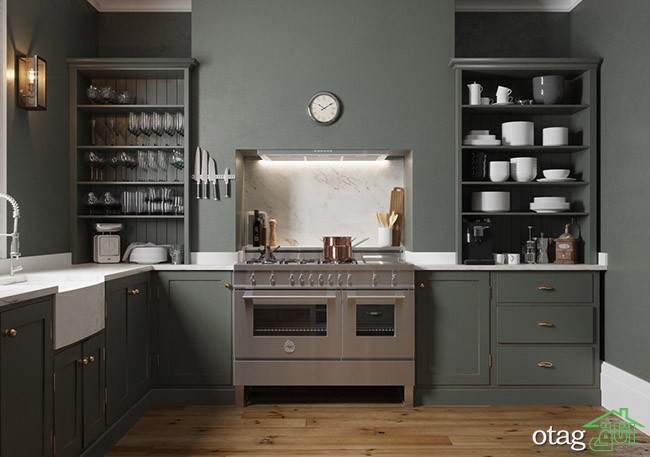 مدل آشپزخانه اپن با قفسه های باز و چیدمانی بسیار شیک و مرتب
