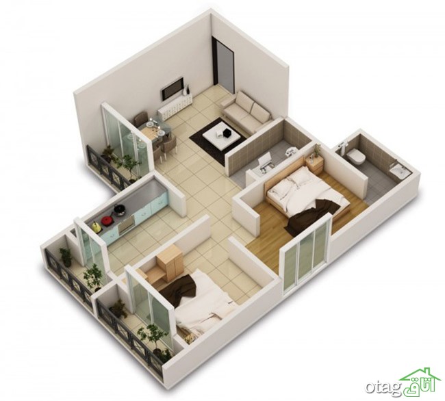 چیدمان بهمراه نقشه آپارتمان دو خوابه بسیار شیک با طراحی مدرن