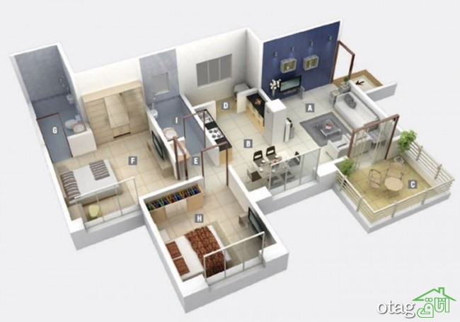 چیدمان بهمراه نقشه آپارتمان دو خوابه بسیار شیک با طراحی مدرن