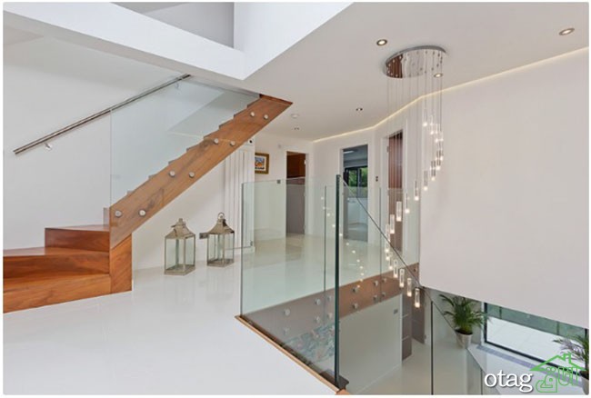 مدل راه پله شیک ساخته شده با چوب و شیشه مناسب منازل دوبلکس
