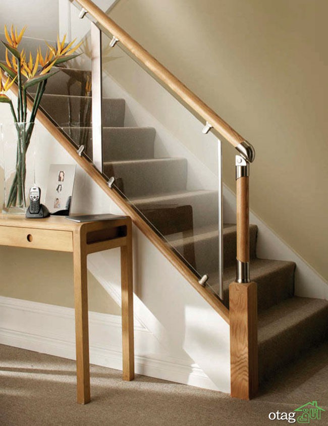 مدل راه پله شیک ساخته شده با چوب و شیشه مناسب منازل دوبلکس