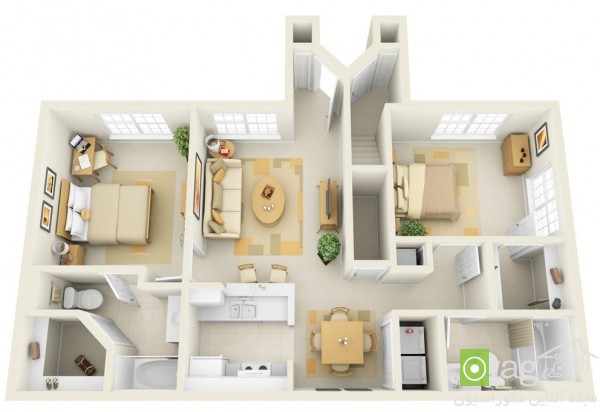 پلان سه بعدی خانه دو خوابه با چیدمان و دکوراسیون کاربردی