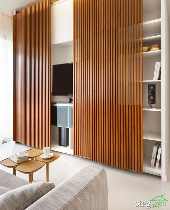 استفاده از دیوار متحرک چوبی در طراحی داخلی آپارتمان 50 متری