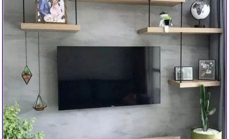 میز تلویزیون ساده و شیک همراه با قفسه و شلف دیواری نشیمن