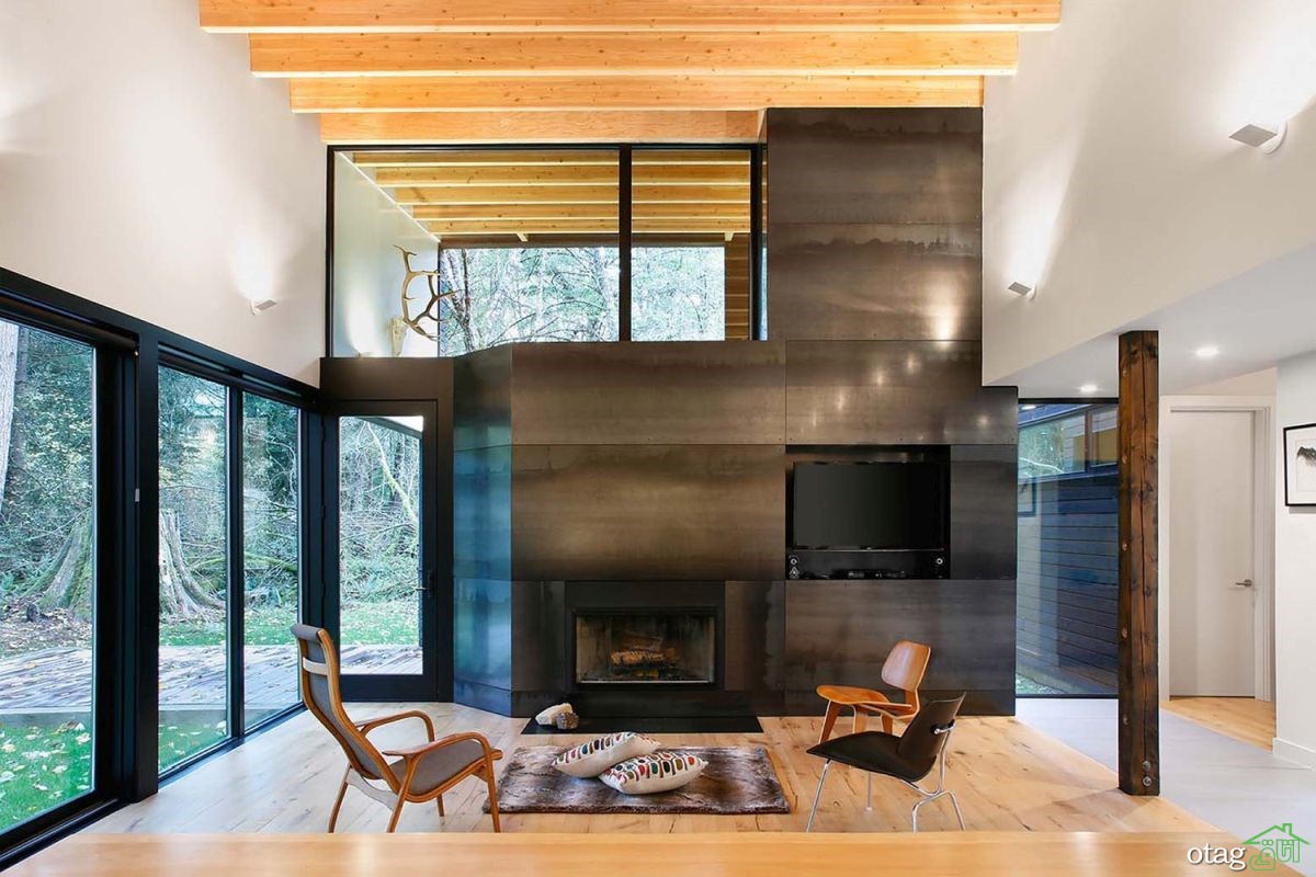 طراحی داخلی نقاط کانونی خانه با شومینه فلزی