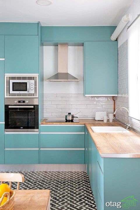 30 مدل رنگ آمیزی آشپزخانه به رنگ فیروزه ای با تم سرحال و خنک