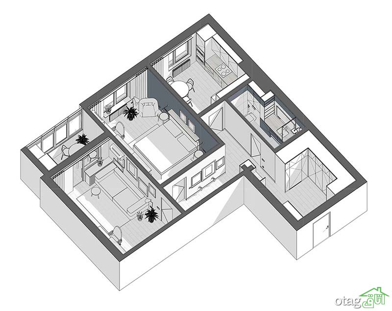 طرح آپارتمان 80 متری بهمراه پلان سه بعدی و چیدمان کامل