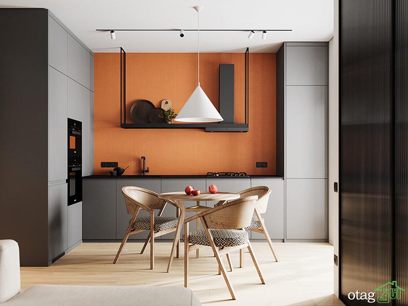 طراحی داخلی خانه 55 متری با چیدمان آبی و نارنجی بهمراه پلان