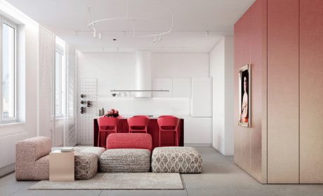 چیدمان دکور قرمز در آپارتمان مدرن با رنگ غالب سفید و طوسی