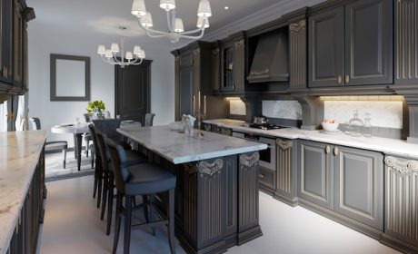 Premium Photo | Modern classic kitchen design with black cabinets and white marble worktop and floor. 3d rendering.
