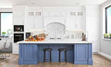 کابینت نئوکلاسیک سفید با جزیره آبی