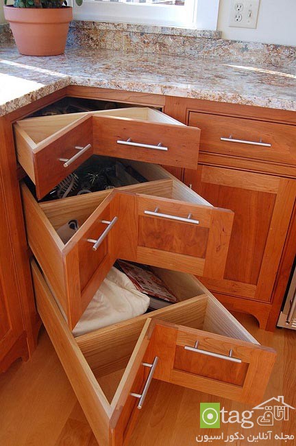  کابینت گوشه آشپزخانه با طراحی کاربردی مناسب فضای کوچک