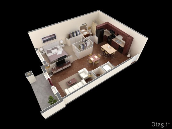 پلان و نقشه آپارتمان یک خوابه با طراحی مدرن و امروزی