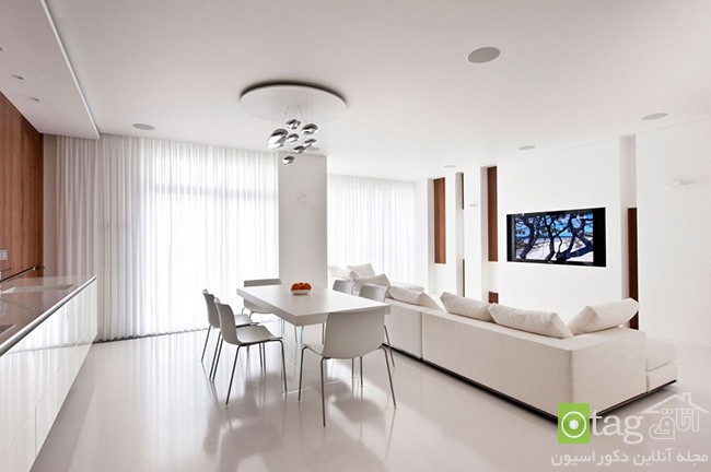 آپارتمان 120 متری با دکوراسیون داخلی سفید و چیدمان مدرن